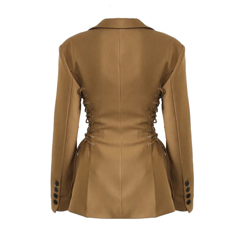 Spring Autumn New Women Blazer Notched Collar Single Button Lace-Up Waist Cinching Slim Fit Elegant Fashion Jackets HK13264