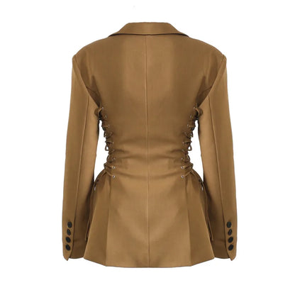 Spring Autumn New Women Blazer Notched Collar Single Button Lace-Up Waist Cinching Slim Fit Elegant Fashion Jackets HK13264