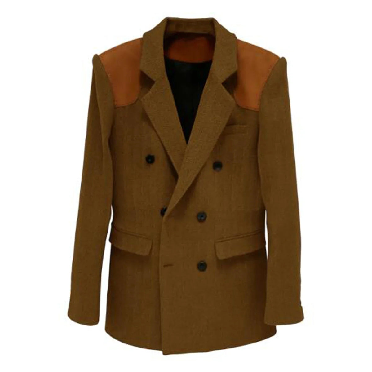 Men's Vintage Herringbone Blazer Contrast Shoulder Patches Double Breasted Wool Blend Suit Jacket Slim Fit Casual Business Coat