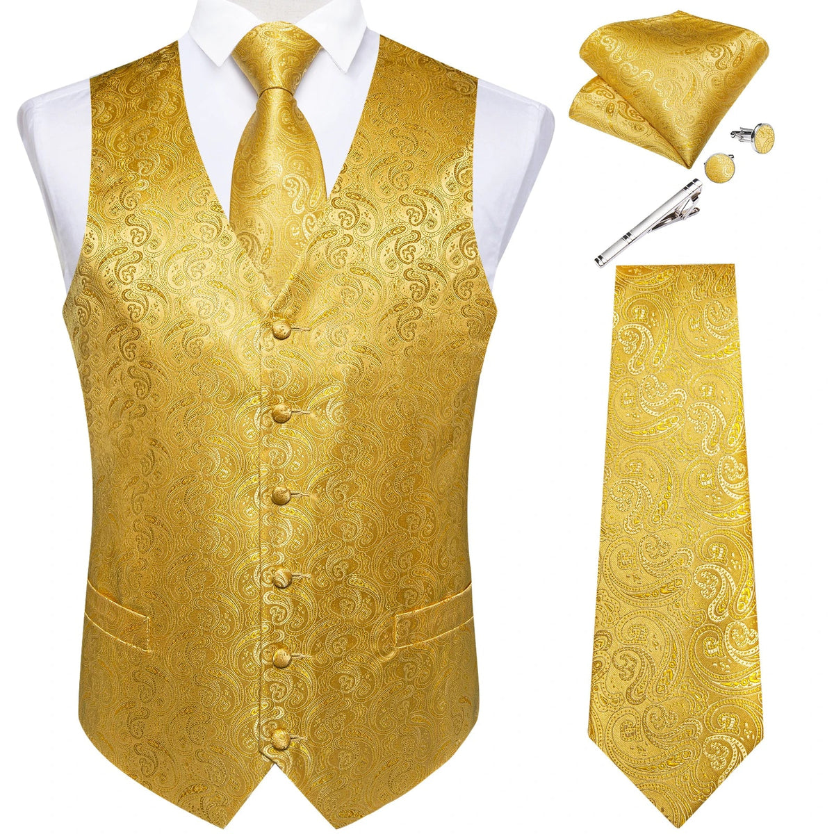 Men's Suit Vest Set with Tie, Handkerchief & Cufflinks for Wedding & Banquet