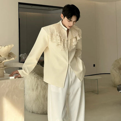 2026 New Personalized Lace Patchwork Stand Collar Diamond-Embellished Blazer Coat Men Fashion Luxury Casual Jacket JY6215