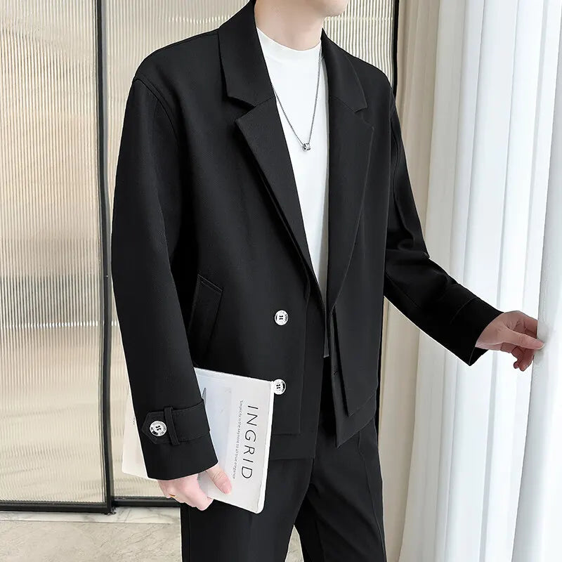 2025 Spring New Fake Two Piece Suit Collar Jacket Men Korean Trend Casual Business Blazers Loose Street Wear Social Jacket