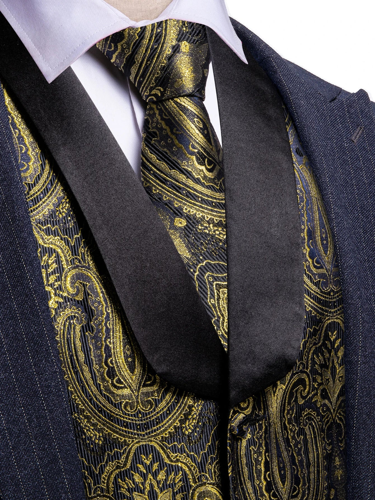 Men's Formal Vest Single Breasted Jacquard Shawl Collar Waistcoat Dark Gold Floral Wedding