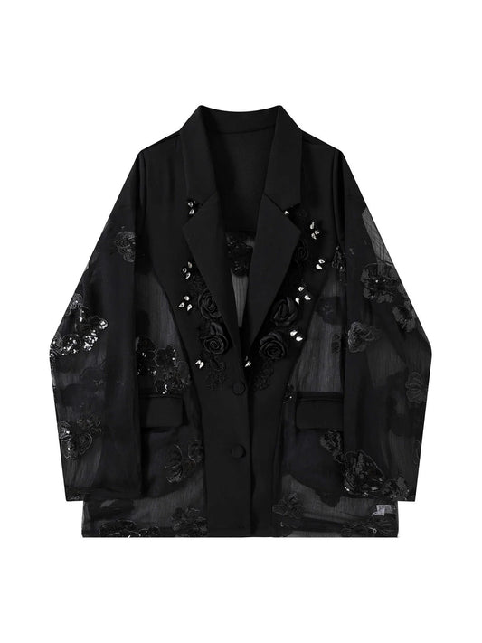 Women's Black Gothic Emo Patchwork Blazer Jacket 3D Floral Suit Coat Y2k Harajuku Long Sleeve Outerwear Vintage Clothes Autumn