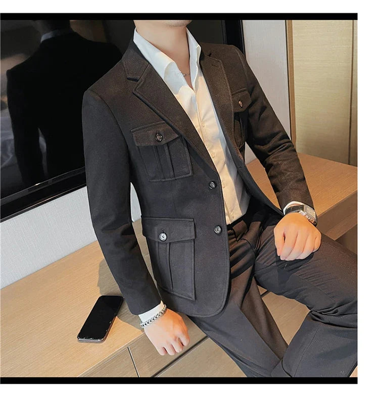 Winter Woolen Suit Jacket for Men Multiple Pockets Slim Fit Casual Business Blazers Masculino Wedding Streetwear Social Coats