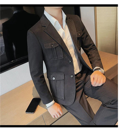 Winter Woolen Suit Jacket for Men Multiple Pockets Slim Fit Casual Business Blazers Masculino Wedding Streetwear Social Coats