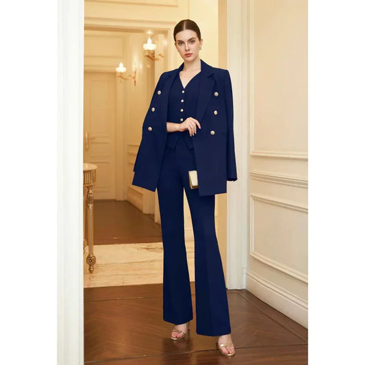 Formal Suits for Women Navy Blue Elegant Peak Lapel Double Breasted 3 Piece Fashion Casual Office Pants Sets (Blazer+Vest+Pants)