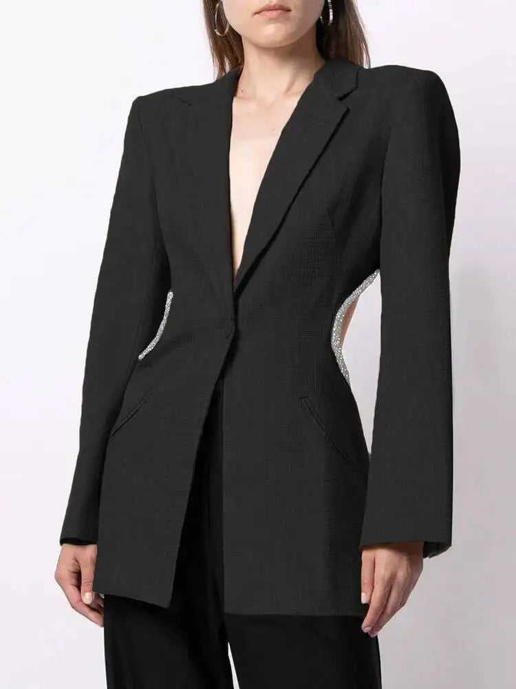 Elegant Solid Backless Notched Collar Blazer Long Sleeve High Waist Slimming Coat 2026 Autumn Women's New 15E01658