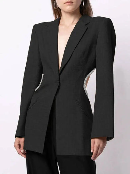 Elegant Solid Backless Notched Collar Blazer Long Sleeve High Waist Slimming Coat 2026 Autumn Women's New 15E01658