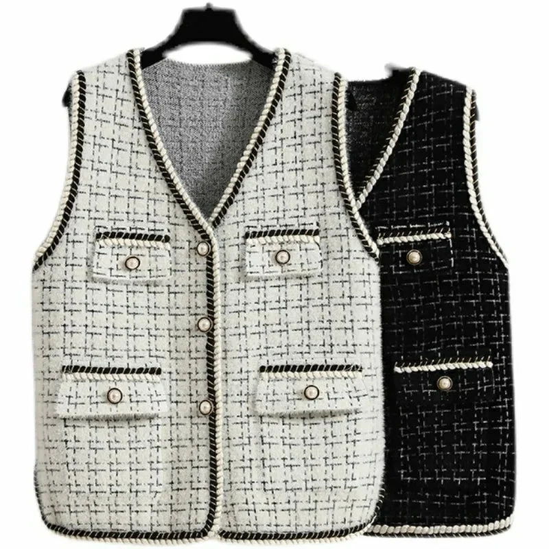 Women V-neck Tweed Sleeveless Vest Female Splicing Together Waistcoat Top Autumn Lady Lmitation Mink Fur Vest Jacket