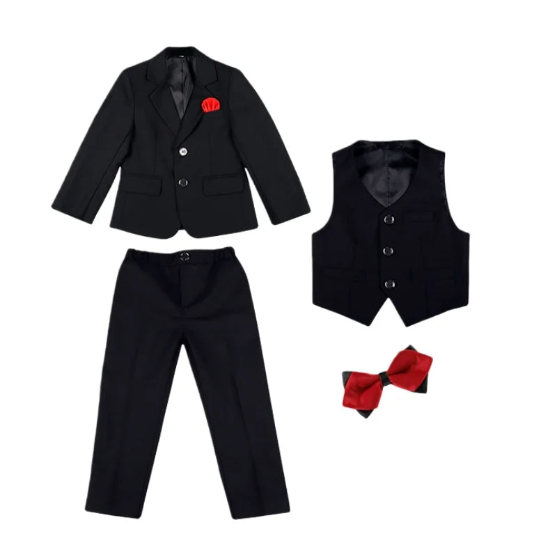 Boys 4Pieces Slim Fit Wedding Birthday Party Outfit Suit Set With Blazer Vest Pants Bowtie Kids Piano Host Performance Costume