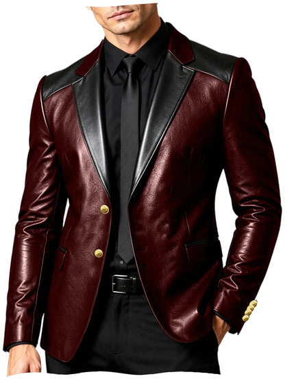 PU Leather Men's Suit Blazer Patchwork Style Wedding Groom Tuxedo Formal Office Prom Jacket High Quality Business Casual Coat