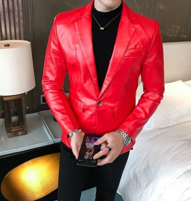 Thin Leather Man Suits and Blazers Simple Breasted Clothing Handsome Classic Menswear High Quality Coats Casual Jacket for Men