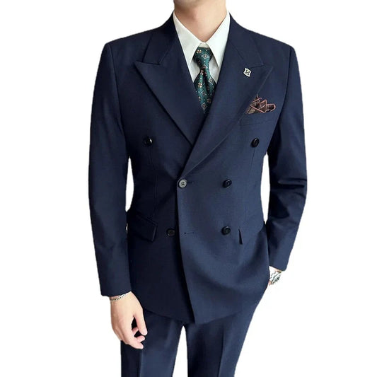 Men's Suit Formal Business Elegant Blazer Terno Double Breasetd Peaked Lapel Regular Outfits Wedding Groom Jacket Pants Two Pcs