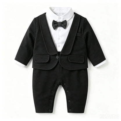 Toddler Baby Boy Black Tuxedo Romper Suit Fake Blazer Long Sleeve Jumpsuit With Bow Tie Wedding Baptism Gentleman Formal Outfit