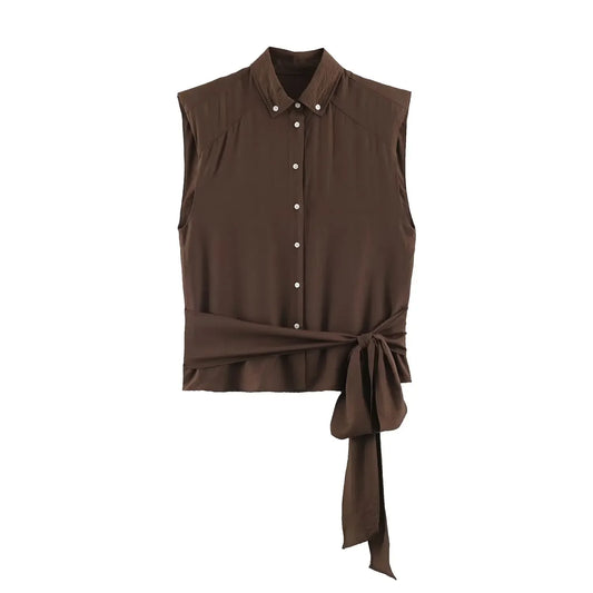 2026 Women Satin Sleeveless Shirt Lapel Collar Button Down Blouse Side Self Tie Waist Knot Slim Fit Elegant Office Tank Top