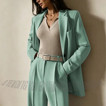 Dusty Blue Women Suits Casual Loose Single Breasted Blazer Pants 2 Piece Minimalist Fashion Office Daily Wear Outfit Set