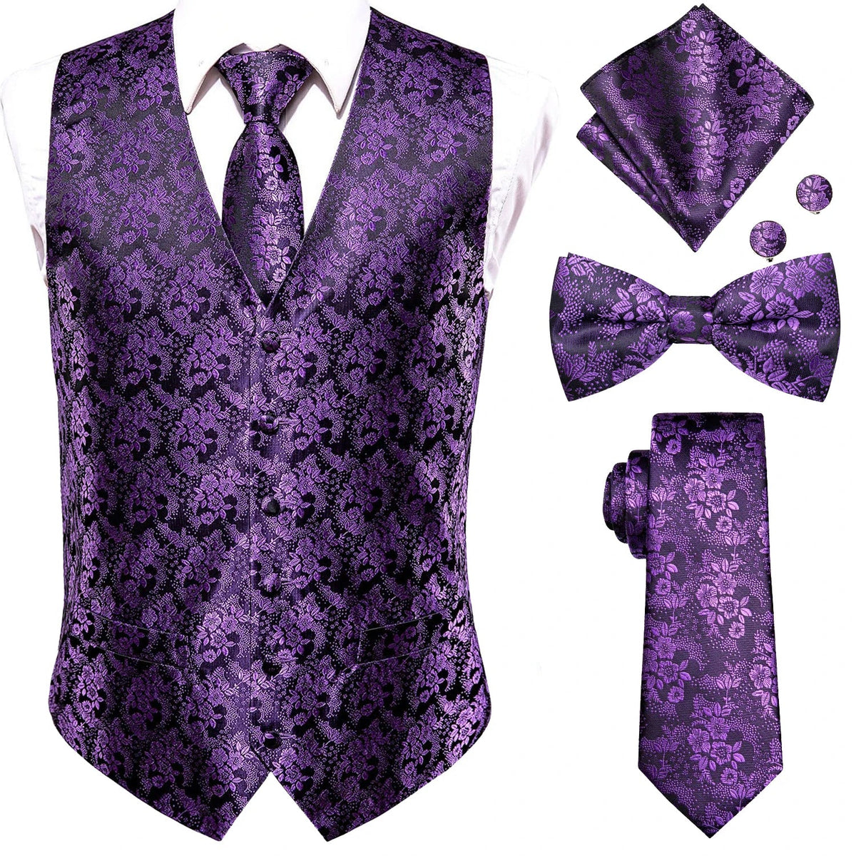 Men's Suit Vest Set – Broadcloth Waistcoat with Tie, Bowtie, Hanky & Cufflinks for Weddings & Office