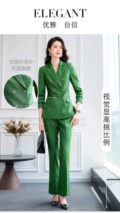 High Quality Women Navy Blue Green Pant Suit Female Button Decoration Blazer and Trouser 2 Piece Set For Office Ladies Work Wear