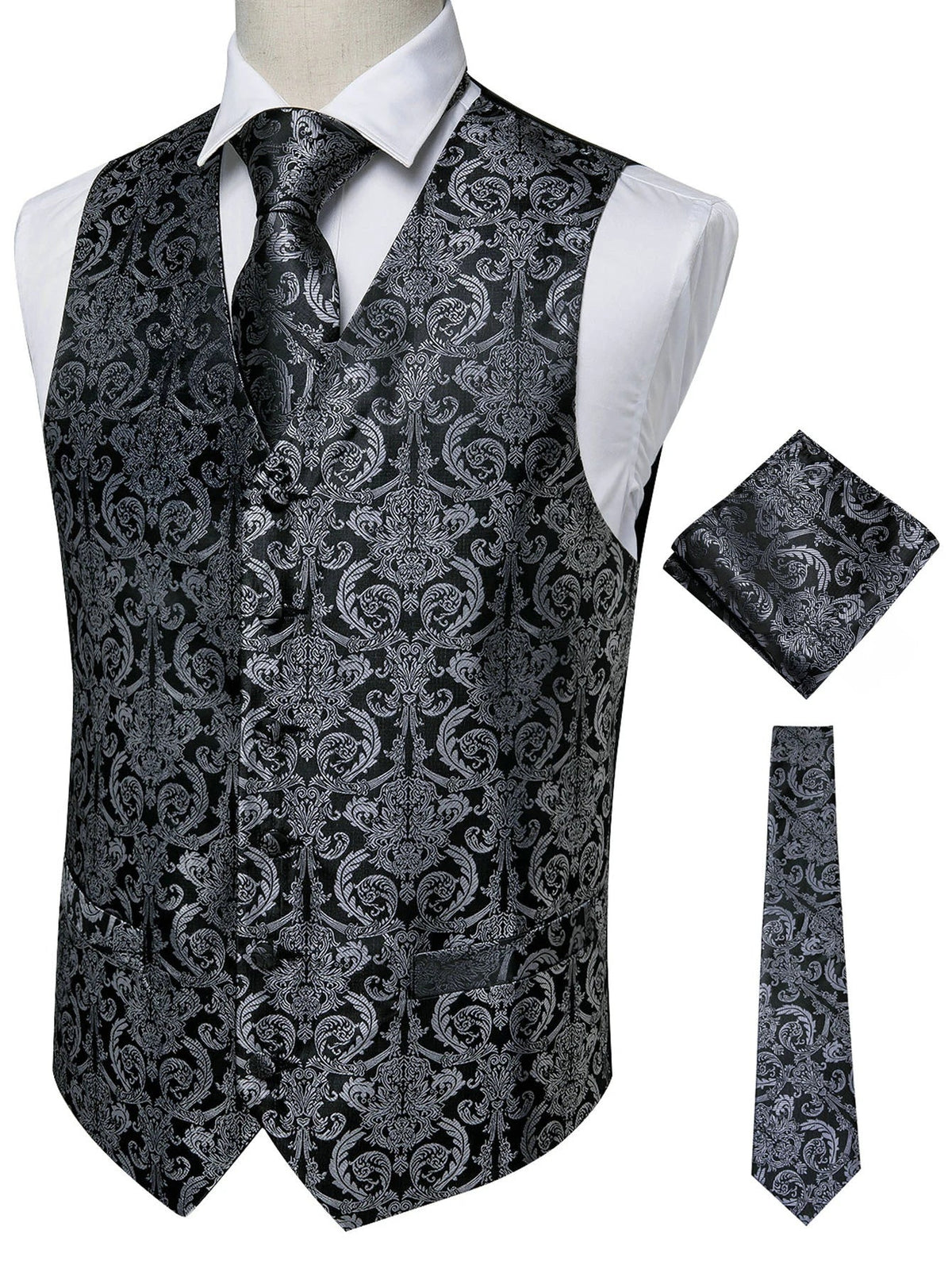 Men's Jacquard Vest 3-Piece Set – Satin Formal Waistcoat with Tie & Pocket Square for Weddings