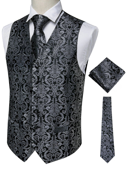 Men's Jacquard Vest 3-Piece Set – Satin Formal Waistcoat with Tie & Pocket Square for Weddings