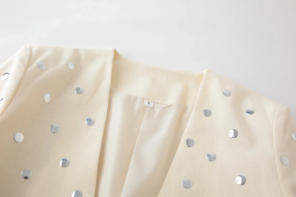 Women's Summer New Rivet Decorative V-neck No-button Casual Suit Jacket Female Temperature Sequin Suit Long Sleeve Jacket