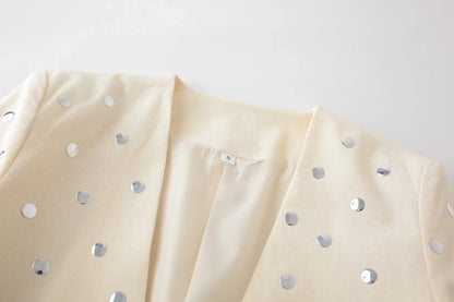 Women's Summer New Rivet Decorative V-neck No-button Casual Suit Jacket Female Temperature Sequin Suit Long Sleeve Jacket