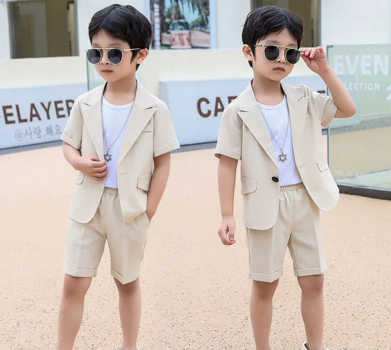 Baby Boys Summer Suit Kids Jacket Shorts 2Pcs Photograph Suit Children Birthday Graduation Set Wedding Performance Party Dress