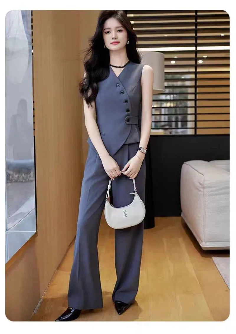 Office Female Suits Vest Coat Spring Summer V-Neck Diagonal Buckle Sleeveless Blazers Jacket Women Fashion Thin Slim Waistcoat