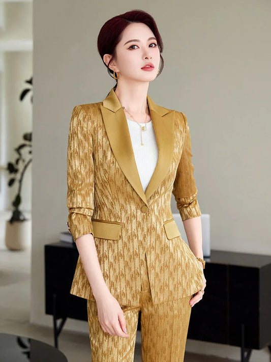 Office Ladies Formal Pant Suit 2 Piece Set Women Yellow Pink Female Long Sleeve Business Work Wear Blazer Jacket And Trouser