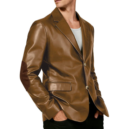 Men's Shiny Leather Blazer with Suede Elbow Patches Slim Fit 2-Button Notch Lapel Suit Jacket Streetwear Casual Party Sport Coat
