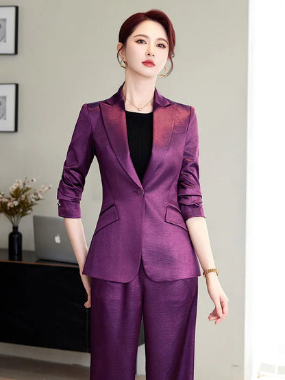 High Quality Women Purplish Red Pant Suit Female Solid Single Button Blazer and Trouser 2 Piece Set For Office Ladies Work Wear