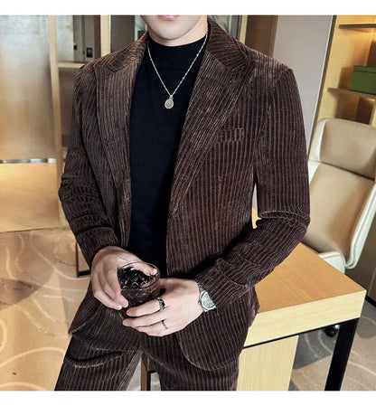 ( Jacket+Pants) Men Corduroy Suit Two-Piece Set High Quality Italian Style Business Suit Luxury Men Formal Wedding Groom Tuxedos