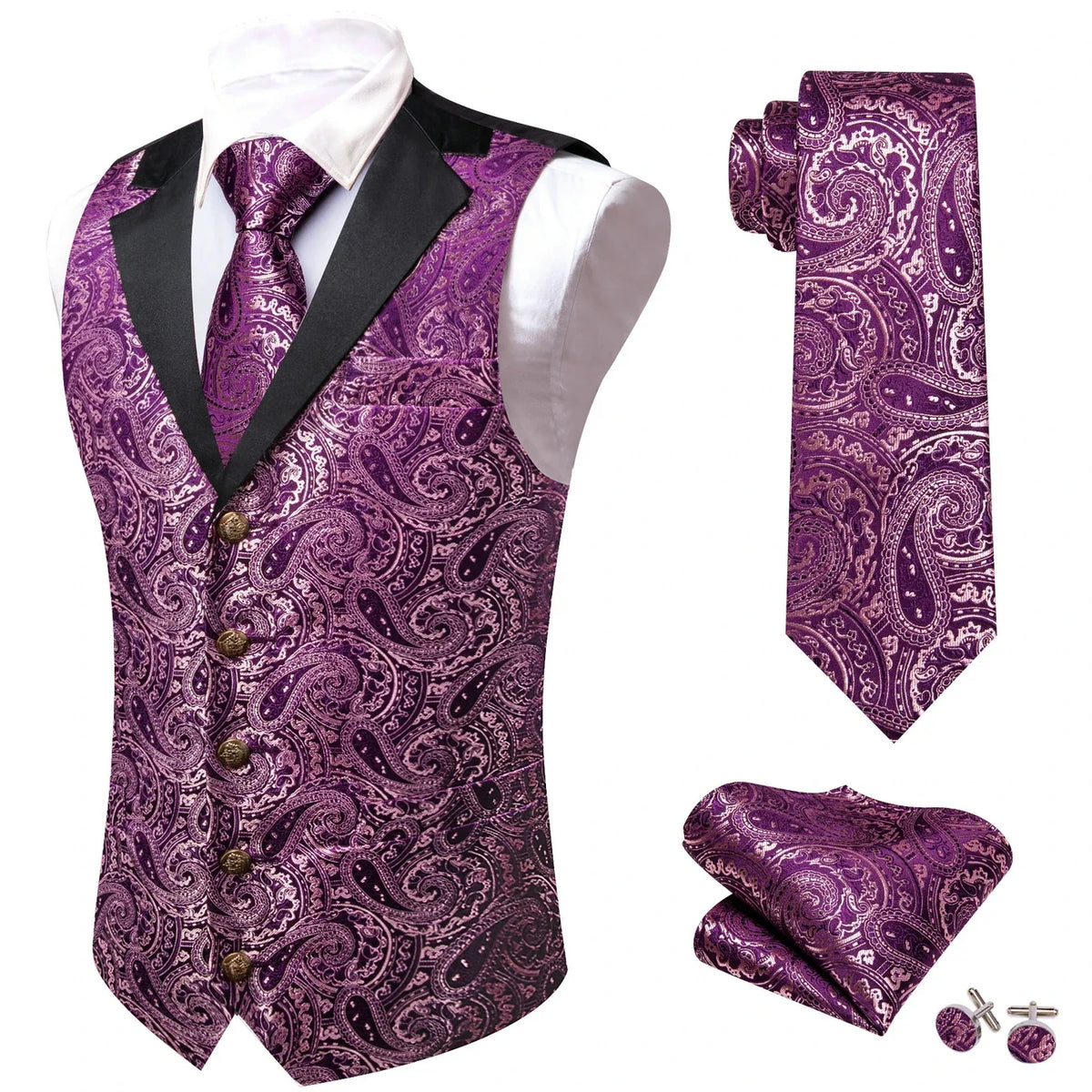 Men's Jacquard Paisley Vest Notched Lapel 3-Piece Set for Weddings & Formal Events – Purple