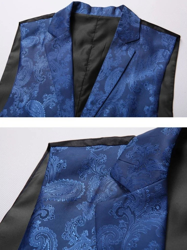 Men's Vest Blue Retro Jacquard Pattern Single Button V-Neck Waistcoat for Wedding & Formal Occasions