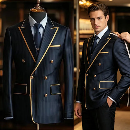 Pinstripe Double Breasted Peak Lapel Mens Suit Jacket Business Slim Fit Gold Trim Striped Coat Formal Wedding Prom Banquet Party