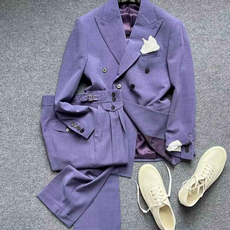 Men Gentleman Style Business Casual Blazers Suits Two Button Double Breasted Jacket Match Set Slim Fit Full Length Pant Outfits