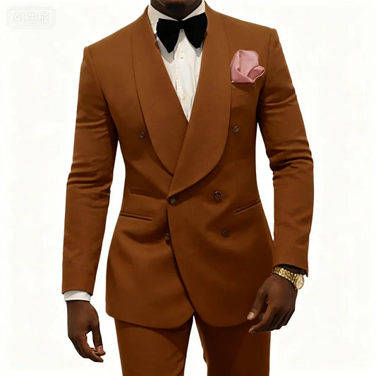 Solid Business Men's Suit 2-piece Set Double-breasted Shaw Lapel Blazer Pants Wedding Groom Tuxedo Party Prom Men Clothes XS-6XL