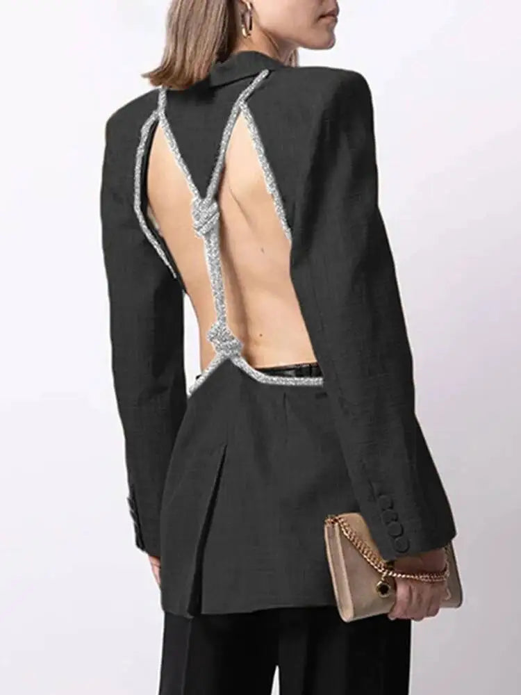 Elegant Solid Backless Notched Collar Blazer Long Sleeve High Waist Slimming Coat 2026 Autumn Women's New 15E01658