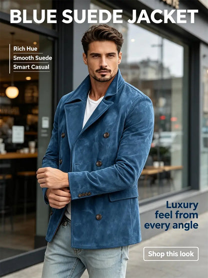 Men Faux Suede Jacket Double Breasted Lapel Collar Casual Blazer Vintage Comfort Business Office Autumn Winter Fashion Male Coat
