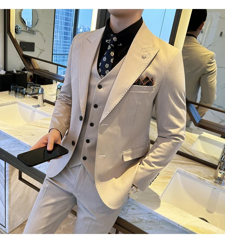 (Blazer + Vest + Trousers) 2024 New Men Formal Business Solid Suit 3 Pieces Set Italian Style Luxury Wedding Social Party Tuxedo