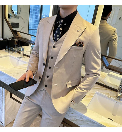 (Blazer + Vest + Trousers) 2024 New Men Formal Business Solid Suit 3 Pieces Set Italian Style Luxury Wedding Social Party Tuxedo