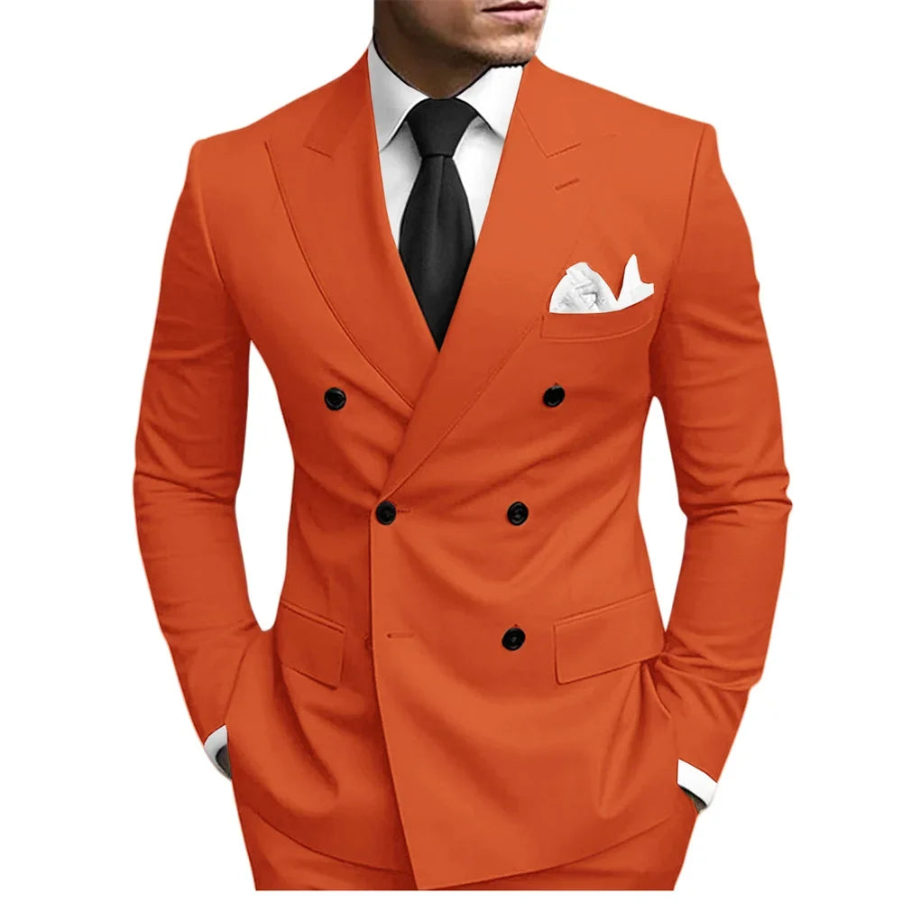 Classic Solid Suit Set 2 Pieces Jacket Pants For Men Wedding Groom Sets Double Breasted Men's Suits Banquet Tuxedo Wear XS-5XL