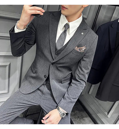 Men's 3 Piece Suit Set Double‑Button Slim Fit Solid Color Business Casual Wedding Party Jacket Vest Pants Formal Outfit for Men