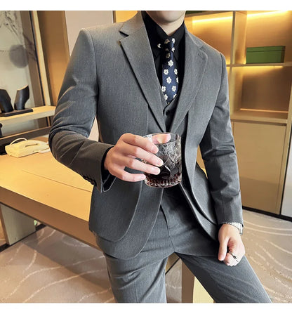 British Style Fake Two-piece Suit Set Men's Wedding Groom Dress 3 Piece Set Suit Vest Trousers Slim Office Business Casual Suits