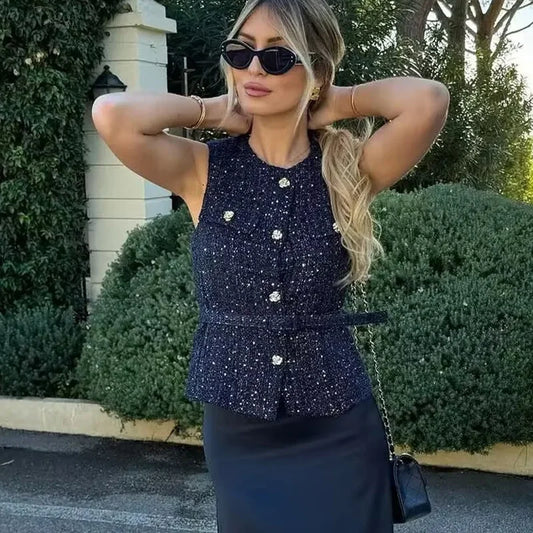 Female Vest Sleeveless Jacket Women Waistcoat Office Wear Woman Tweed Jacket Demi-Season Cropped Blue Black Off White Vest