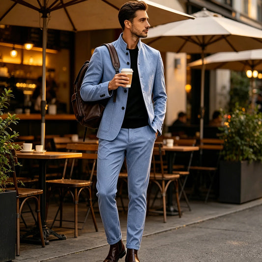 Men's Linen Suit 2-Piece Stand Collar Blazer and Pants Set – Slim Fit Business Casual Wedding Outfit