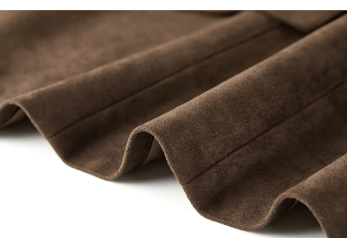 Women's Suede Casual Blazer Notched Lapel Loose Mid Length Outerwear 2026 Autumn New Brown Ladies Coat W63XC8300