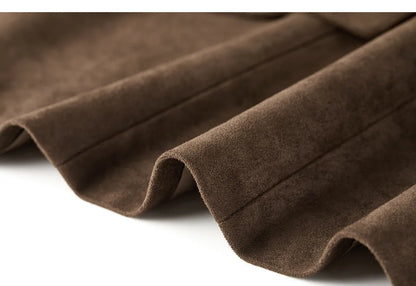 Women's Suede Casual Blazer Notched Lapel Loose Mid Length Outerwear 2026 Autumn New Brown Ladies Coat W63XC8300