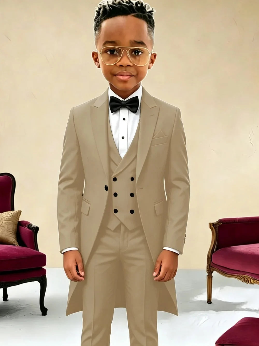 New Boys Long Jacket Vest Pants 3 Pieces Suits Piano Performance Wear Classy Peak Lapel Kid Slim Fit Suit Set For Wedding